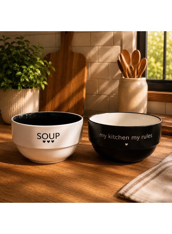 Set of 2 Premium Porcelain Soup Bowls – Modern Design with Fun Slogans – Classic Black & White - Image 1