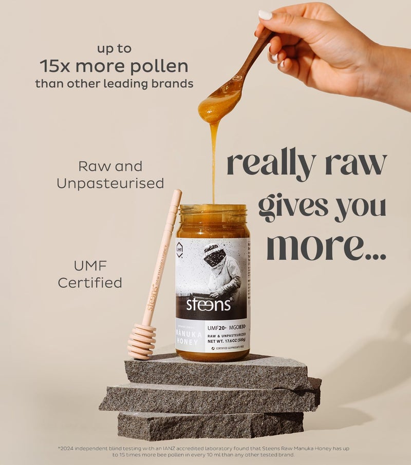 steens عسل مانوكا ستينز - MGO 830+ - نقي وطبيعي 100% معتمد UMF 20+ عسل مانوكا - معبأ ومختوم في نيوزيلندا - 17.6 أونصة (عبوة من 1) نسخة جديدة - Image 2