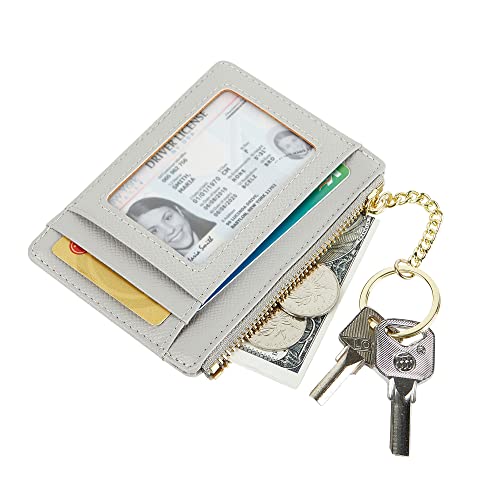 Cynure Women's Slim Minimalist Card Holder Coin Changes Purse Keychain Front Pocket Wallet With ID Window, Grey ID - Image 2