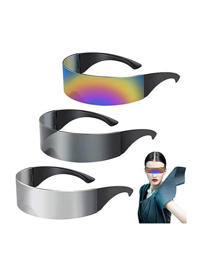 Generic Futuristic Glasses Narrow Cyclops Silver Black Colorful Sunglasses Mirrored Lens Cool Fancy Dress Costume Funky Eyewear for Men Women Creative Monoblock Shield Mirror 3 Pack  - Image 1