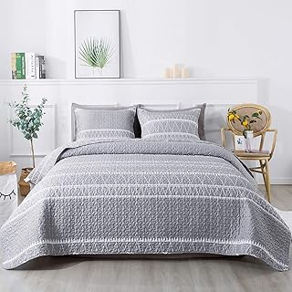 Andency Grey Quilt Set Queen (90x90 Inch), 3 Pieces(1 Striped Triangle Pattern Quilt and 2 Pillowcases), Bohemian - Image 1