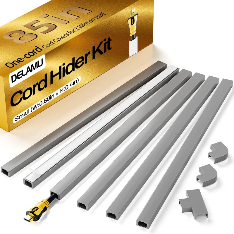 Delamu Cord Hider, 85in Cord Covers for Wires on Wall, One-Cord Cable Hider, Self-Adhesive Wire Hiders Wire Covers for TV Cords on Wall, Paintable Cable Cover Management Kit, W0.59 H0.4in, Grey - Image 1