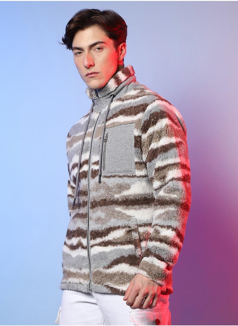 Campus Sutra - Men's Light Grey & Chocolate Brown Camouflage Sherpa Puffer Jacket - Image 1