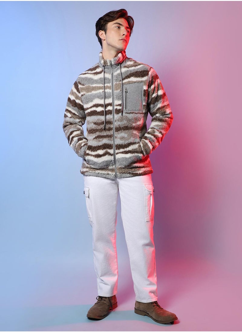Campus Sutra - Men's Light Grey & Chocolate Brown Camouflage Sherpa Puffer Jacket - Image 1