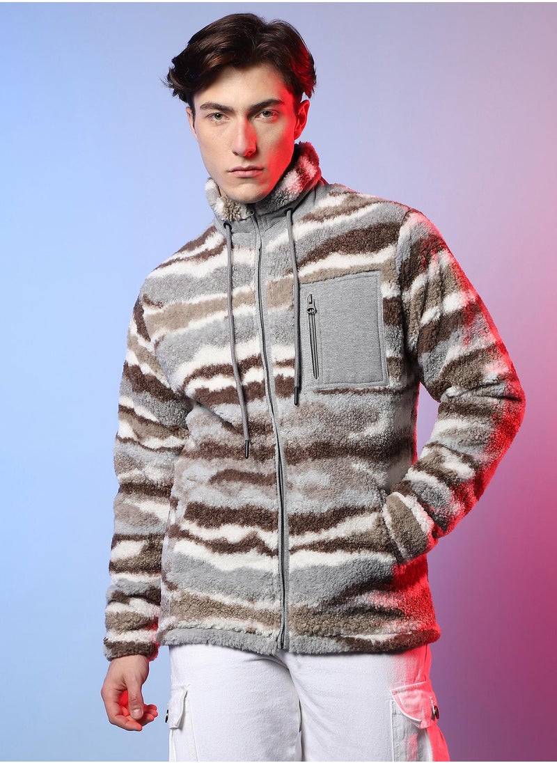Campus Sutra - Men's Light Grey & Chocolate Brown Camouflage Sherpa Puffer Jacket - Image 1