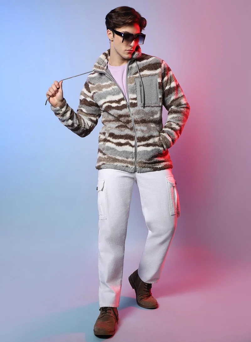 Campus Sutra Men's Light Grey & Chocolate Brown Camouflage Sherpa Puffer Jacket