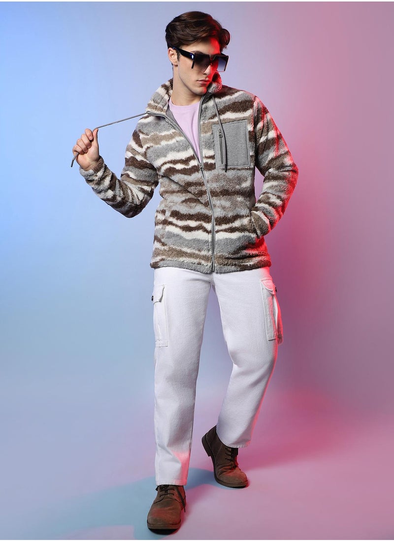 Campus Sutra - Men's Light Grey & Chocolate Brown Camouflage Sherpa Puffer Jacket - Image 1