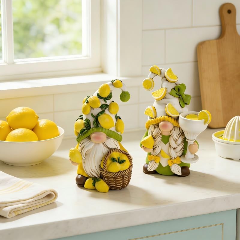 Hodao مجموعة تماثيل الجني الليموني (2 قطعة) - تماثيل جني بطابع الليمون للزينة الداخلية للمنزل خلال الصيف - تماثيل جني صغيرة جميلة للمطبخ أو غرفة المعيشة أو الرفوف - مجموعة زينة جميلة من الجني الليموني - Image 4