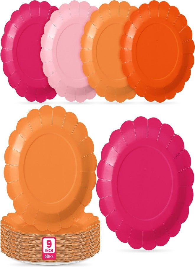 Tiangrid 60 Pcs Pink and Orange Paper Plates 9 Inch Scalloped Disposable Round Dessert Paper Plates Party Decoration for Margs and Matrimony Bachelorette Party Women Birthday Baby Shower Wedding - Image 1