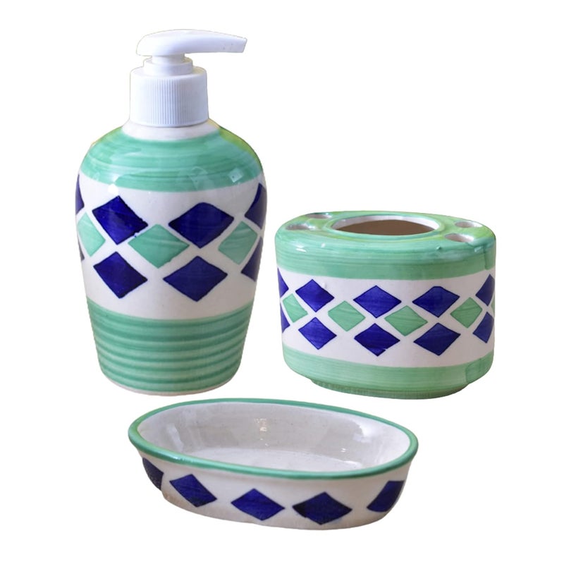 KunhaR Ceramic 3Piece Bathroom Accessory Set Green Liquid Soap Dispenser 450 ML Soap Dish Holder and Toothbrush Holder - Image 1