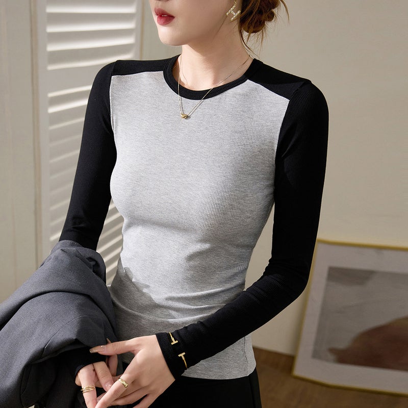 High-Quality Elastic Threaded Cotton Retro Color-Blocked Long-Sleeved T-Shirt For Women 2025 Slim-Fitting Inner Top Bottoming Shirt - Image 1