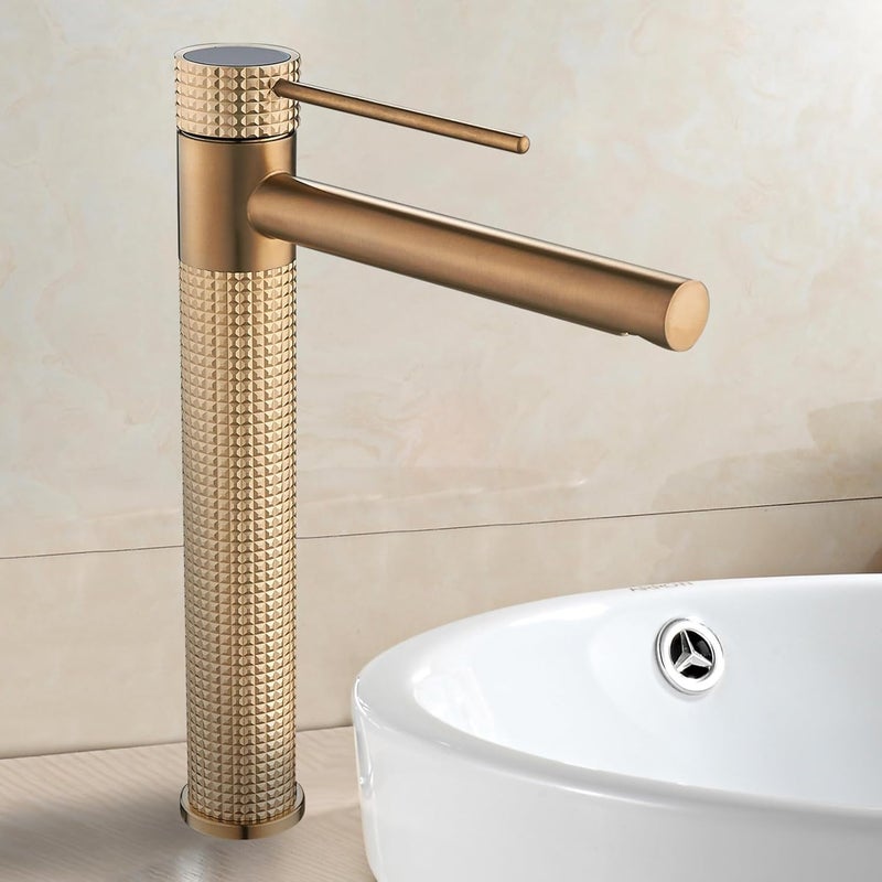 B BACKLINE صنبور خلاط حوض ب باكلين نحاسي لصنبور حوض الحمام صنبور عمود للأحواض صنبور حوض ساخن وبارد صنبور خلاط للحمام وغرفة المعيشة باللون الذهبي غير اللامع - Image 1