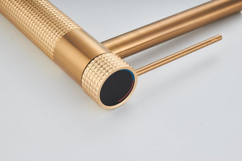 B BACKLINE صنبور خلاط حوض ب باكلين نحاسي لصنبور حوض الحمام صنبور عمود للأحواض صنبور حوض ساخن وبارد صنبور خلاط للحمام وغرفة المعيشة باللون الذهبي غير اللامع - Image 5