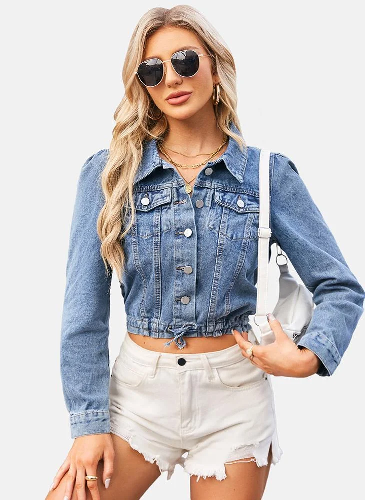 يونيكي Blue Plain Regular Fit Short Sleeve Denim Jacket