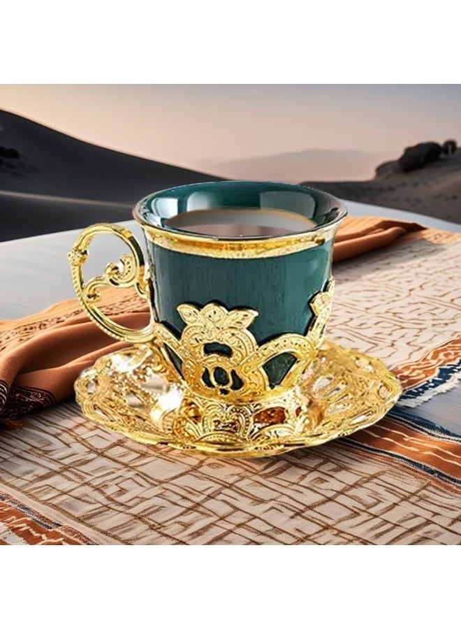 طقم أكواب شاي تركي بتصميم عربي شرق أوسطي، يتضمن أكواب قهوة تركية وإسبريسو مع حوامل معدنية وصحون؛ سعة 2.8 أونصة. طقم مثالي للرجال والنساء، ويُعد من أفضل هدايا الانتقال إلى منزل جديد وهدايا أعياد الميلاد. - Image 3