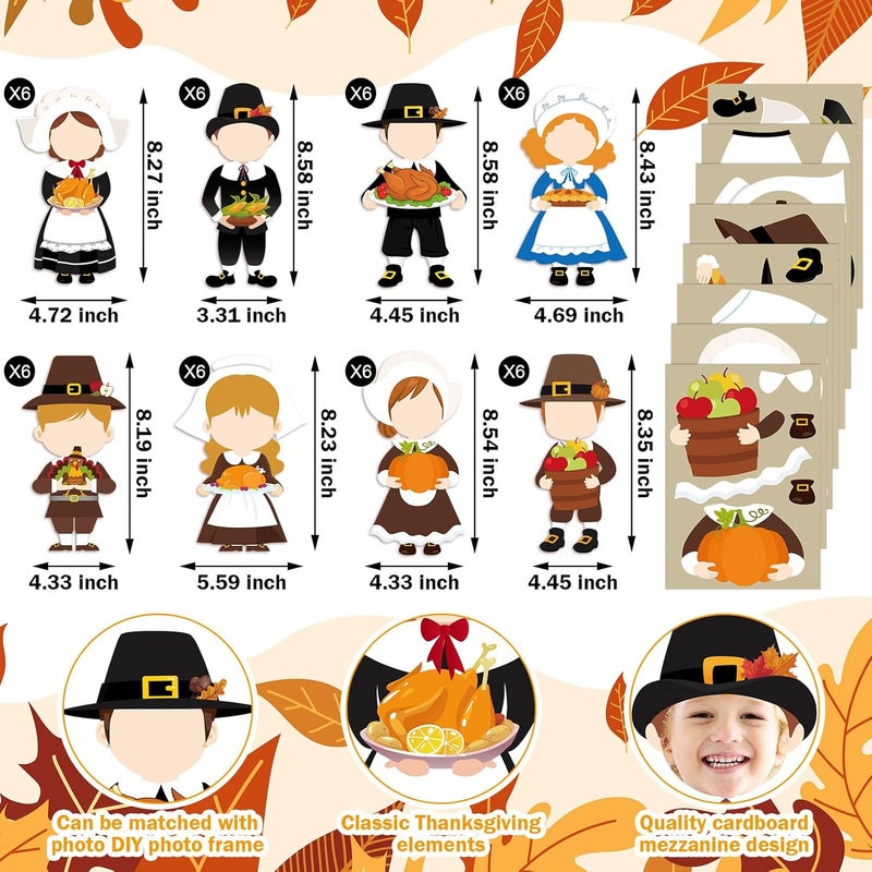 Qunclay Qunclay 48 Sets Thanksgiving Pilgrim Boy and Girl Picture Frame Crafts Thanksgiving DIY Picture Frame Craft Kits Make Your Own Photo Kit Ornaments for Party Supplies Gift Home Activities Decor - Image 3