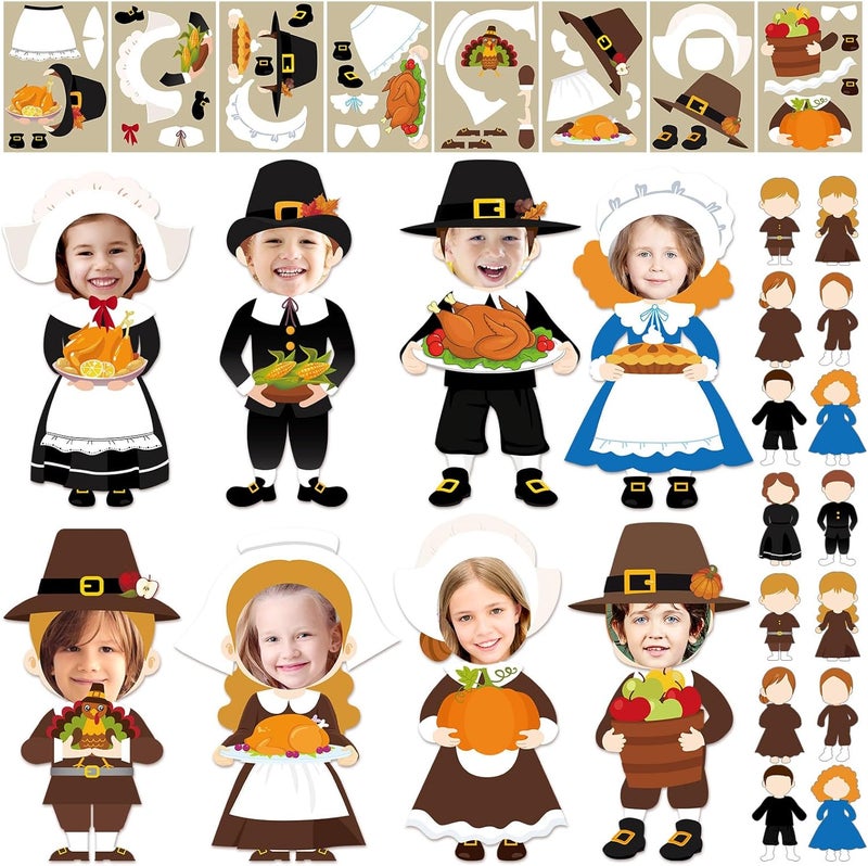 Qunclay Qunclay 48 Sets Thanksgiving Pilgrim Boy and Girl Picture Frame Crafts Thanksgiving DIY Picture Frame Craft Kits Make Your Own Photo Kit Ornaments for Party Supplies Gift Home Activities Decor - Image 1
