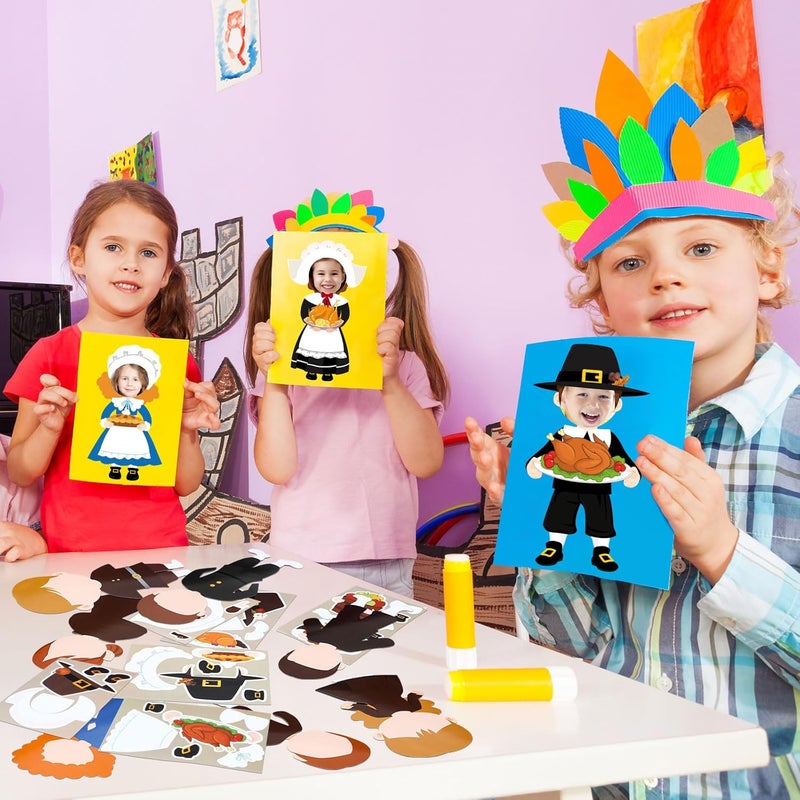 Qunclay Qunclay 48 Sets Thanksgiving Pilgrim Boy and Girl Picture Frame Crafts Thanksgiving DIY Picture Frame Craft Kits Make Your Own Photo Kit Ornaments for Party Supplies Gift Home Activities Decor - Image 5