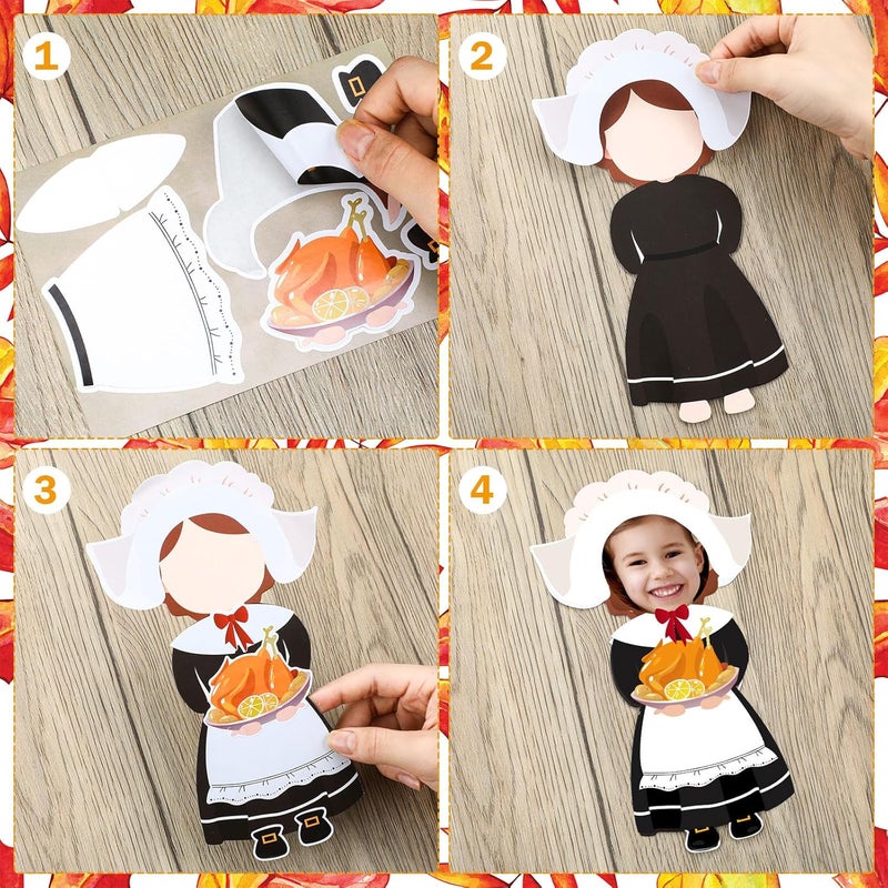 Qunclay Qunclay 48 Sets Thanksgiving Pilgrim Boy and Girl Picture Frame Crafts Thanksgiving DIY Picture Frame Craft Kits Make Your Own Photo Kit Ornaments for Party Supplies Gift Home Activities Decor - Image 4