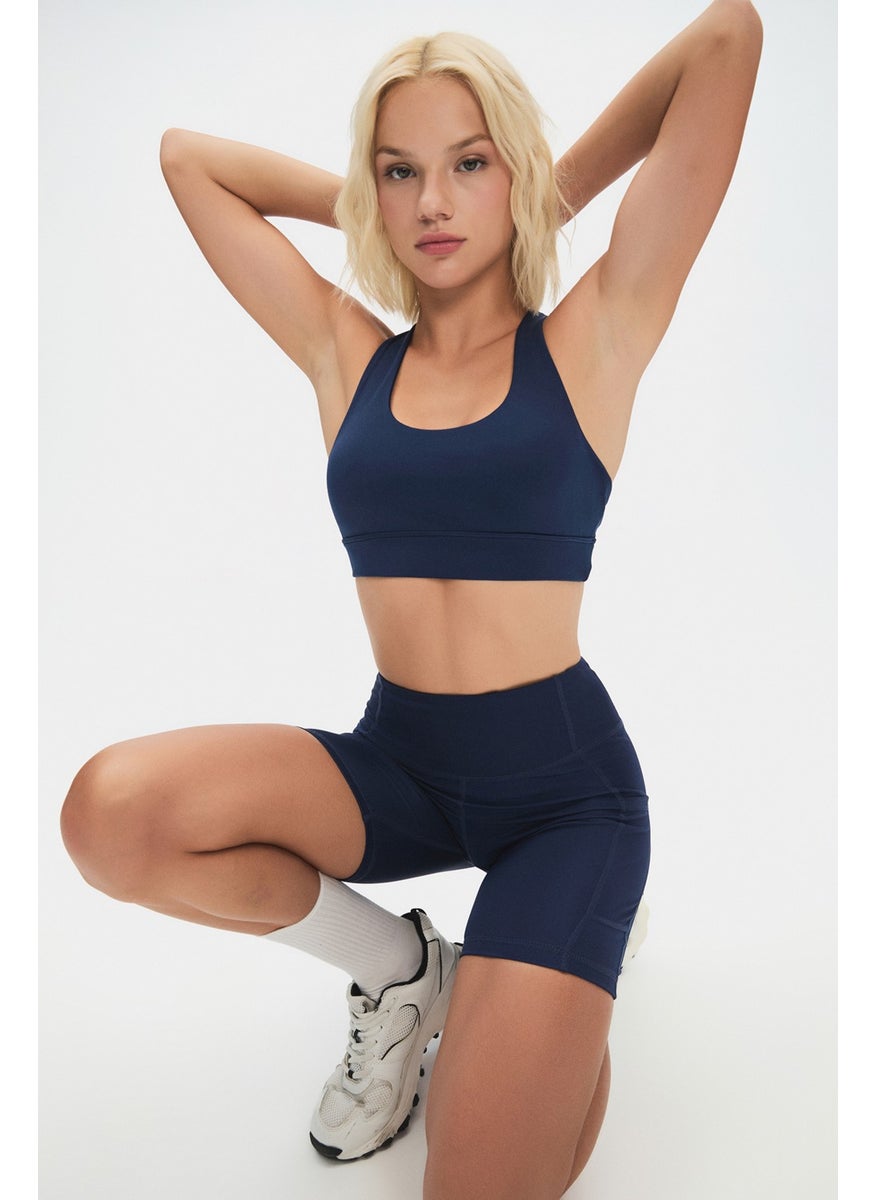 JOYSTAR - Women's Halter Neck Blue Gray Supportive Back Detailed Covered Sports Bra - Image 1
