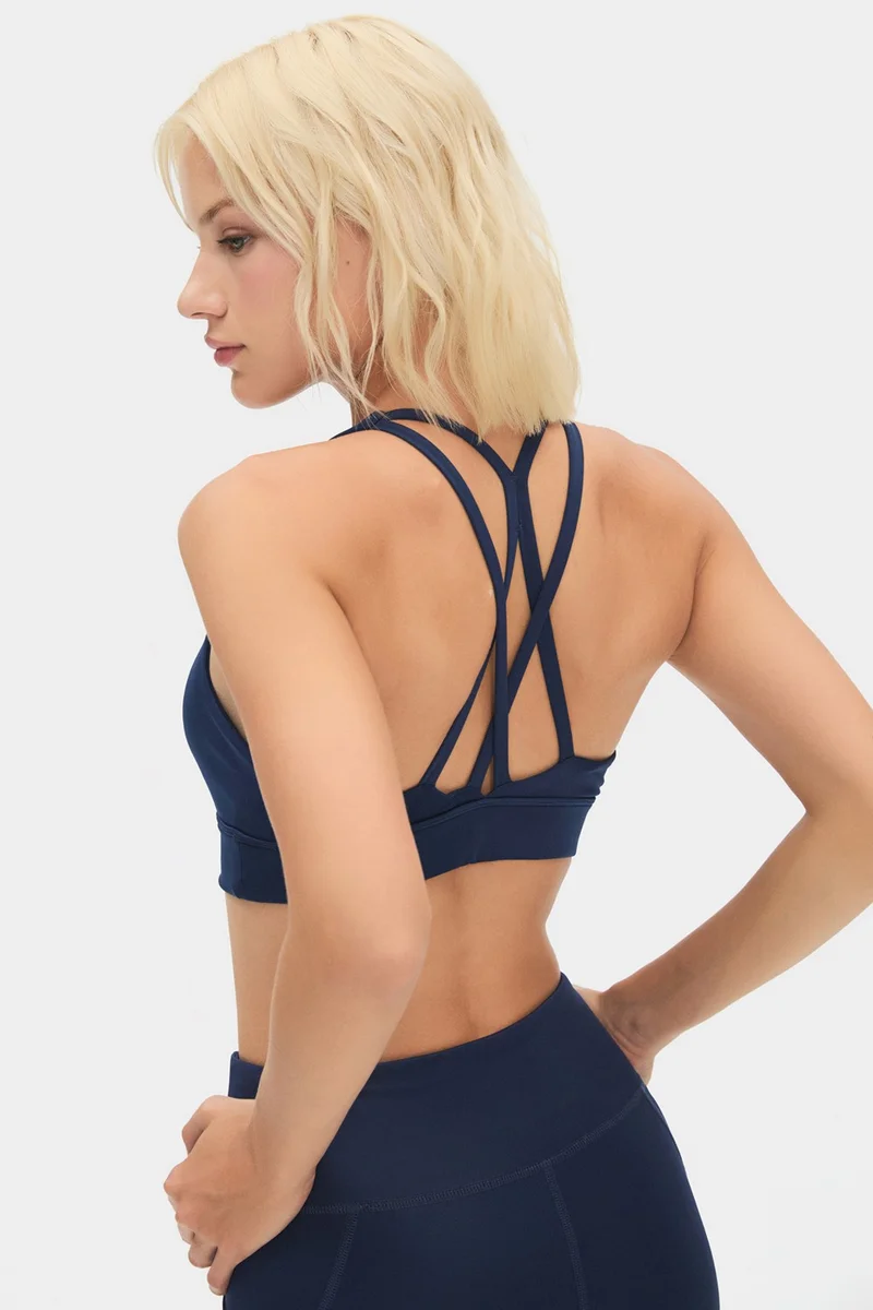 جويستار Women's Halter Neck Blue Gray Supportive Back Detailed Covered Sports Bra