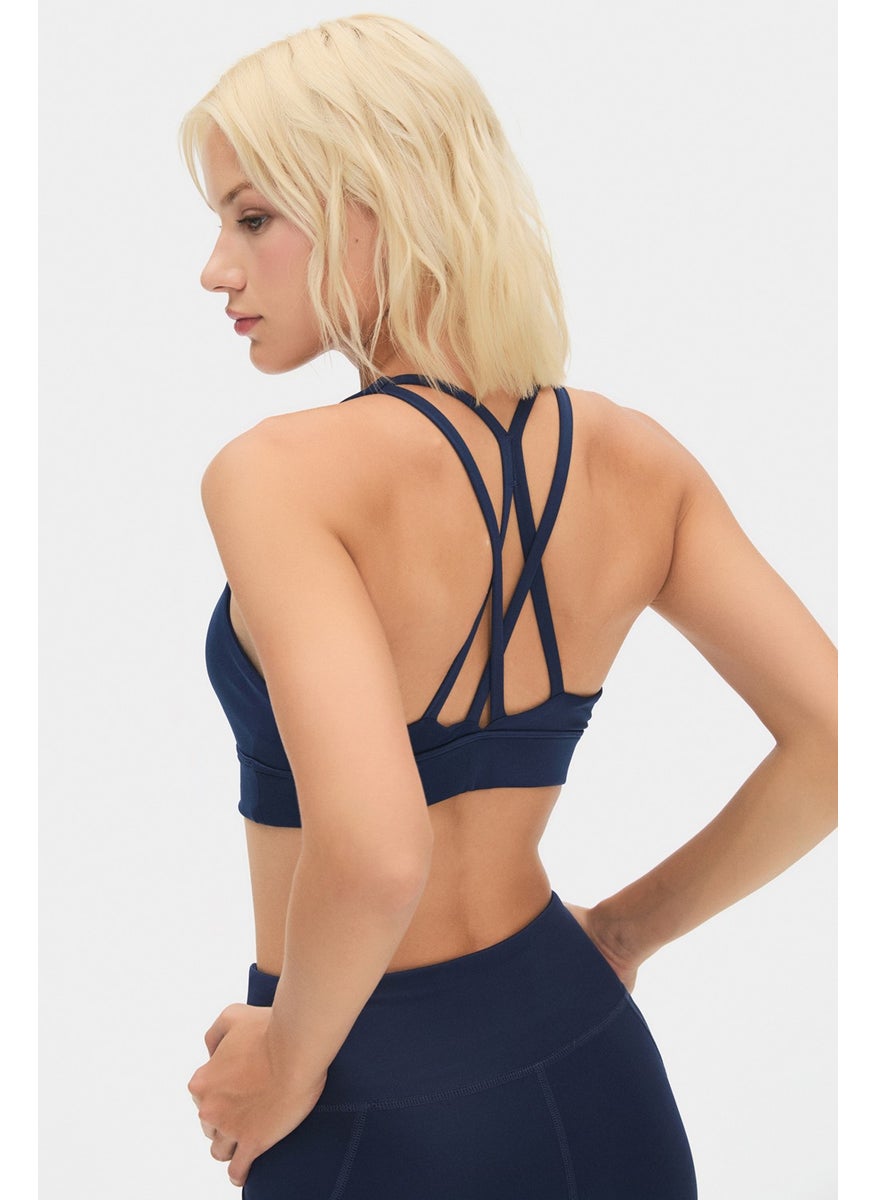 JOYSTAR - Women's Halter Neck Blue Gray Supportive Back Detailed Covered Sports Bra - Image 1