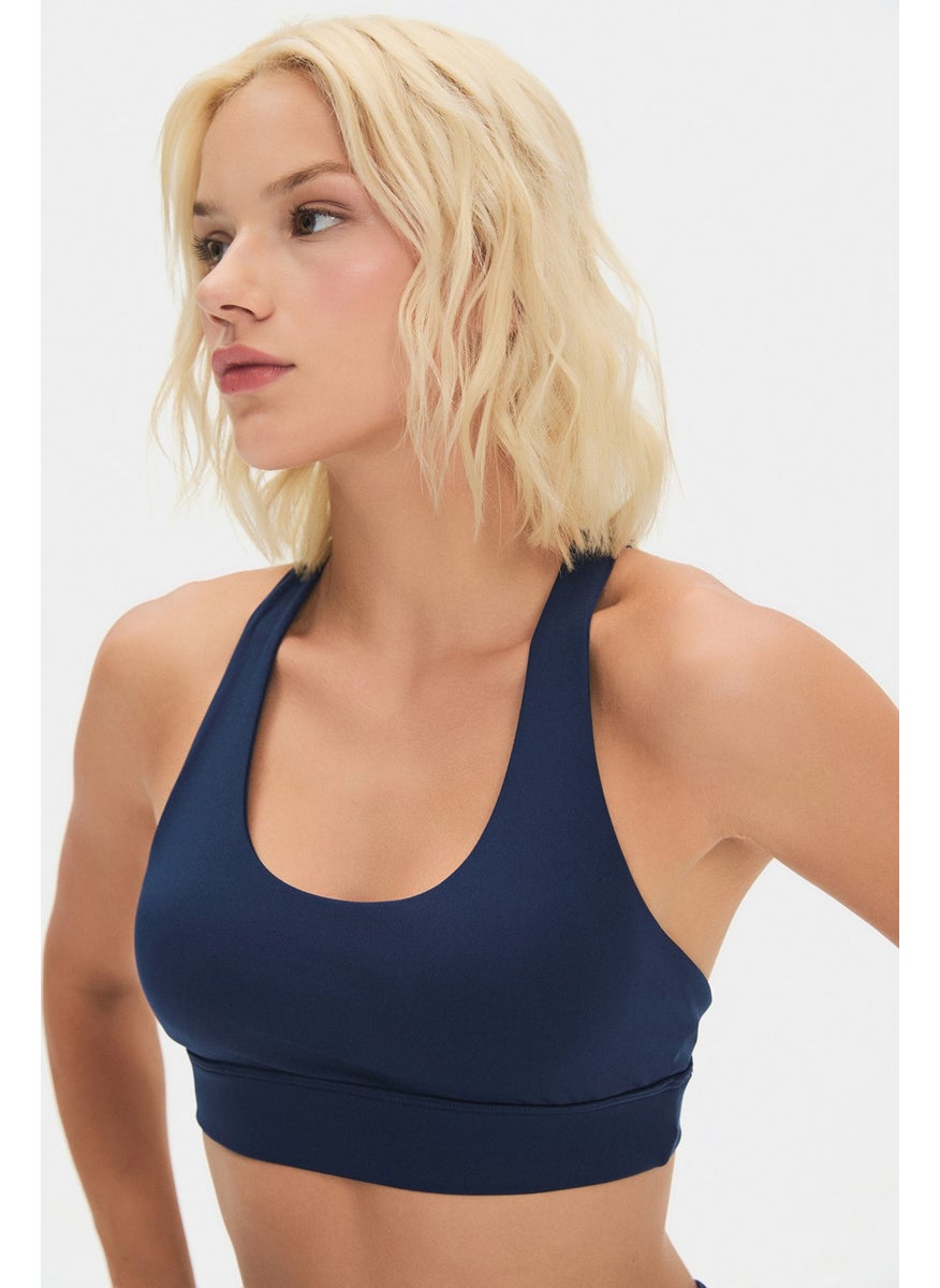 JOYSTAR - Women's Halter Neck Blue Gray Supportive Back Detailed Covered Sports Bra - Image 1