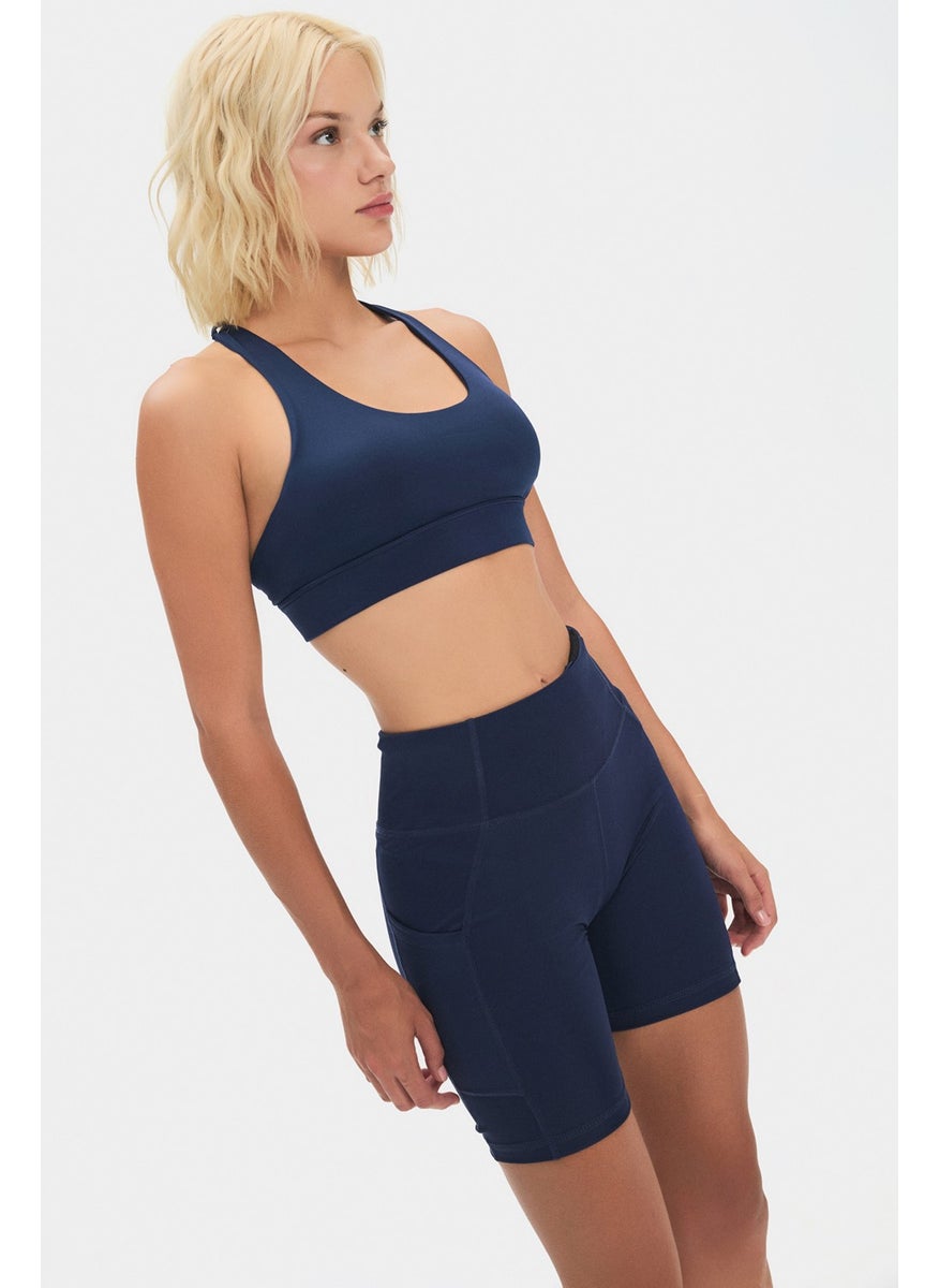 JOYSTAR - Women's Halter Neck Blue Gray Supportive Back Detailed Covered Sports Bra - Image 1