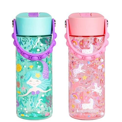 Elemental Leak Proof Water Bottles for Kids  Splash Kids Water Bottle for School with Popit Handle  Tritan Plastic Water Bottle with Straw  Mermaid  Pink Unicorn  18oz 2 Pack
