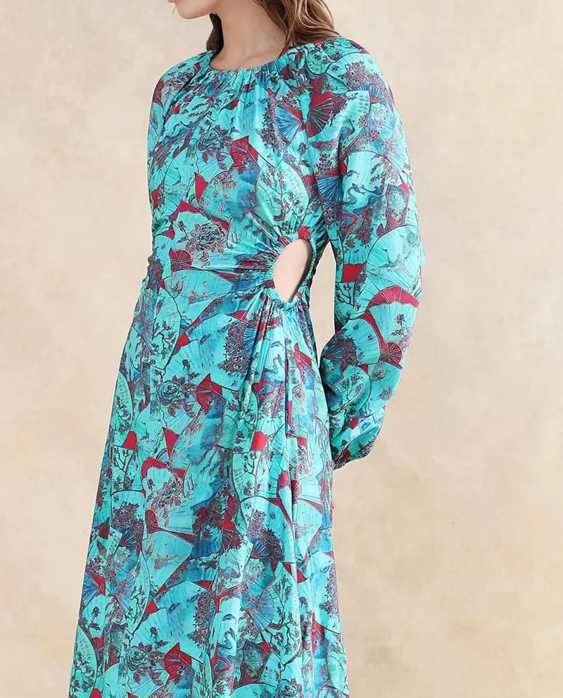 ريريزم Rareism Women's Eritram Multi Viscose Fabric Crew Neck  Puff Sleeve Abstract A-Line Maxi Dress