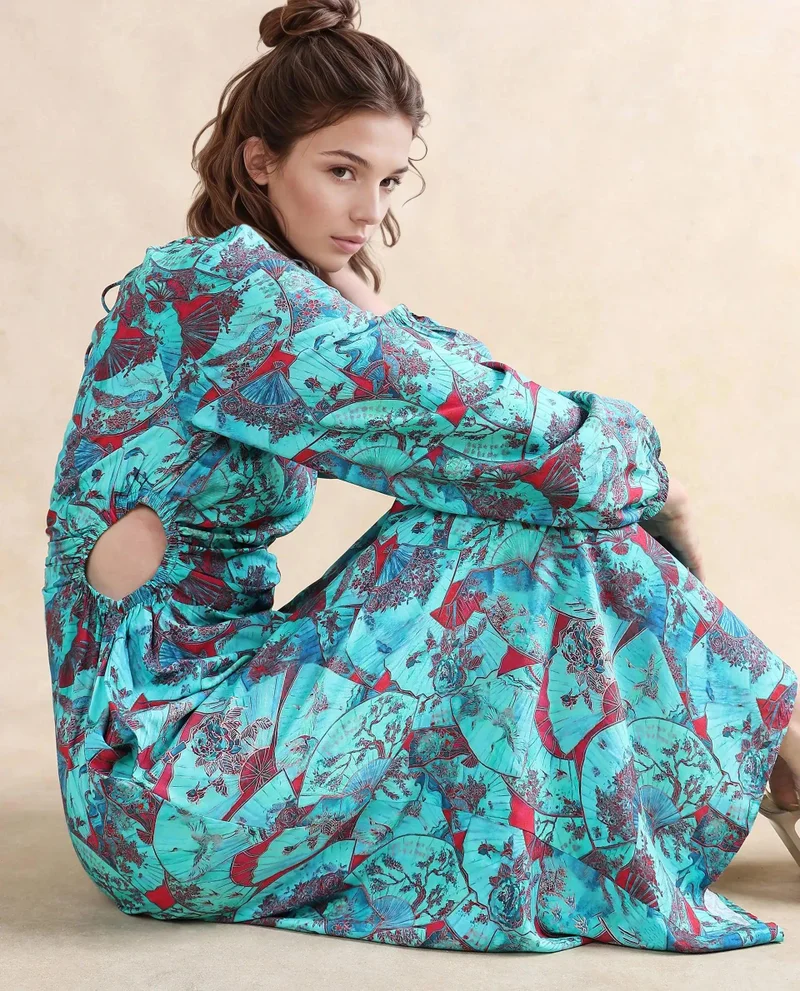 ريريزم Rareism Women's Eritram Multi Viscose Fabric Crew Neck  Puff Sleeve Abstract A-Line Maxi Dress