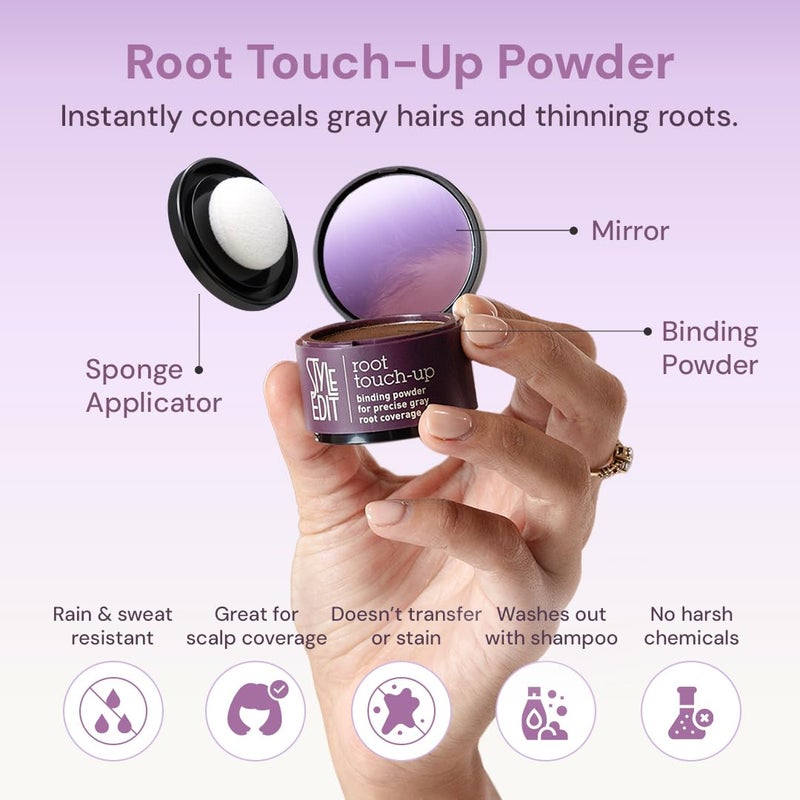 STYLE EDIT Root Touch Up Powder by Style Edit | Medium Brown Hair Color Coverage for Grays and Roots | Mineral-Infused Binding Hairline Concealer | 0.13 oz. Tub - Image 2