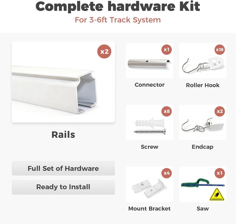 ChadMade Ceiling or Wall Mount Curtain Track Kit with Hooks, 3ft - 6ft Adjustable Length Drape Rail Set For Living Room Bedroom, Single Window Rods Work with Grommet and Pinch Pleated Curtain - Image 4