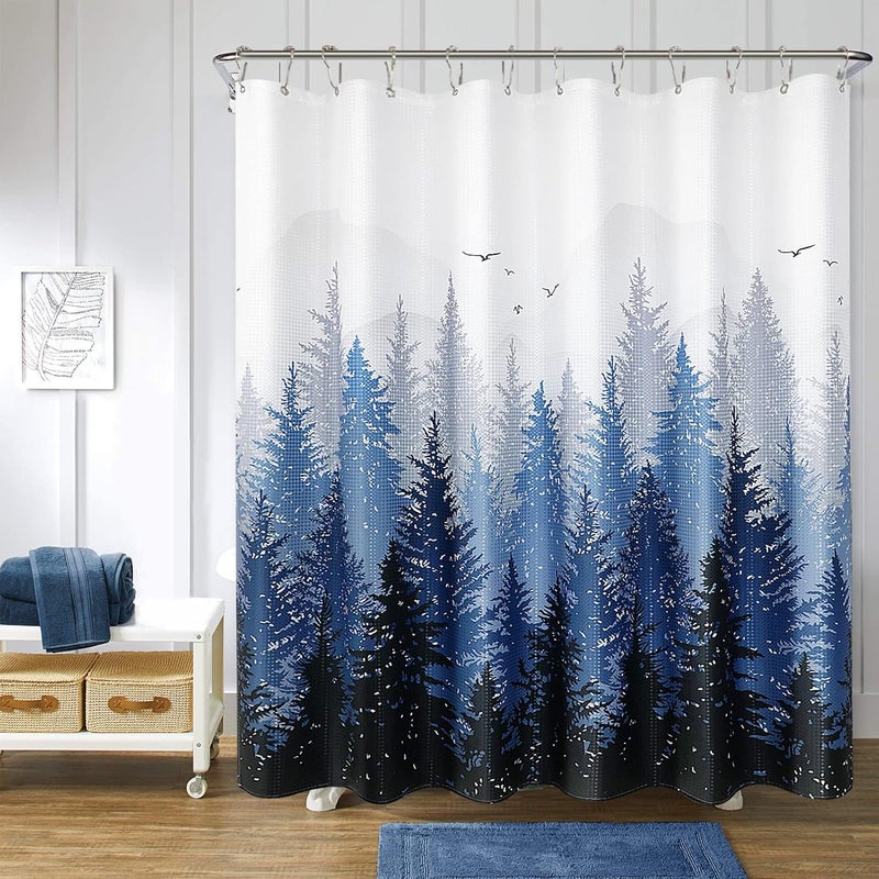 Hokibero Blue Misty Forest Mountain Nature Tree Fabric Shower Curtains for Bathroom Waterproof Heavy Duty Navy Blue and White Woohitedland Shower Curtain Bathtubs Hotel, 72 x 72 inch - Image 1
