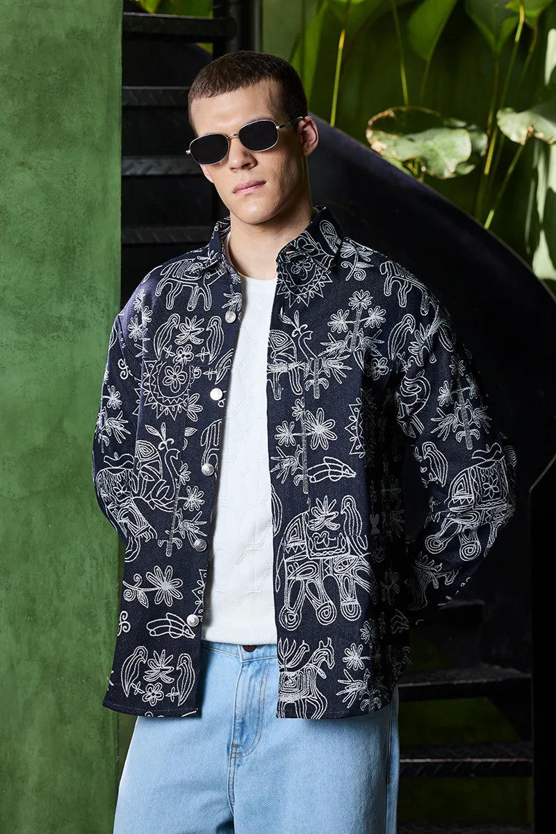 SNITCH Navy Blue Animal Print Long Sleeve Relaxed Overshirt