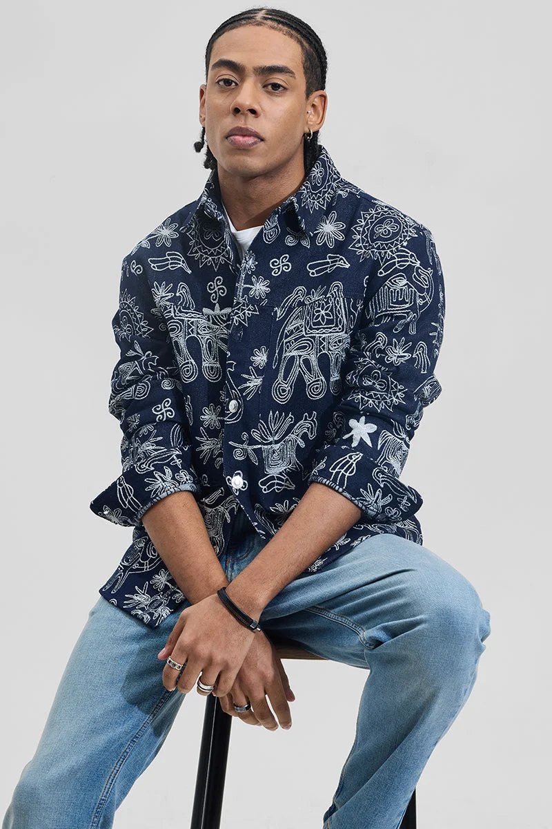SNITCH Navy Blue Animal Print Long Sleeve Relaxed Overshirt