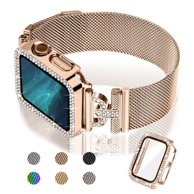 Joyozy Magnetic Band Compatible with Apple Watch Band 38mm 40mm 41mm 42mm 44mm 45mm 46mm Milanese Strap with Bling Case and Screen Protector, Dressy Stainless Steel iWatch Loop for Women (Rose Gold 45mm) - Image 1