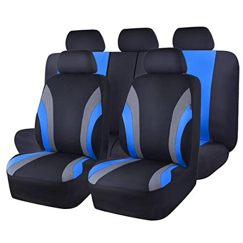 CAR PASS Line Rider Sporty Cloth 11PCS Universal Fit Car Seat Cover 100 Breathable with 5mm Composite Sponge InsideAirbag Compatible3zipper BenchFull Set Black and Blue - Image 1