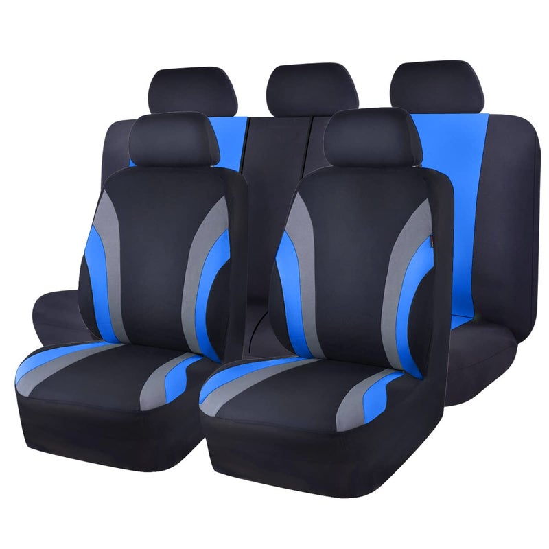 CAR PASS Line Rider Sporty Cloth 11PCS Universal Fit Car Seat Cover 100 Breathable with 5mm Composite Sponge InsideAirbag Compatible3zipper BenchFull Set Black and Blue - Image 2