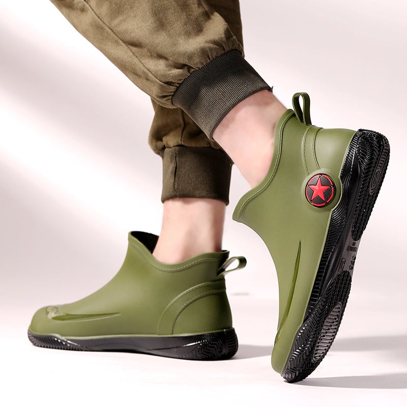Cross-border new mens rain boots low-top rain boots fashion water shoes four seasons fleece-lined waterproof rubber shoes wholesale Green