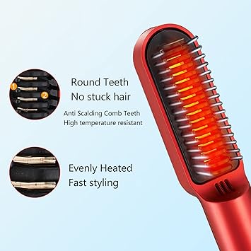 Betued Rechargeable Electric Hair Brush Hair Straightener Brush Small and Portable Ergonomic Handle Even Heating Practical Tool with USB Charging Safe Hair Straightening Curling Comb - Image 4