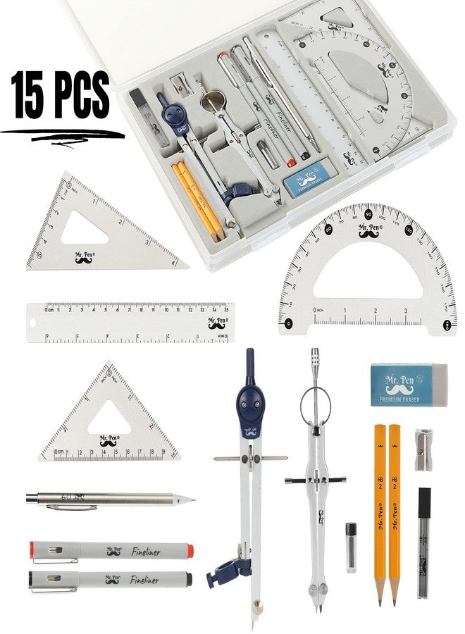 Mr. Pen- Professional Geometry Set, 15 pcs, Geometry Kit for Artists and Students, Geometry Set, Metal Rulers and Compasses, Drawing Tools, Drafting Supplies, Drafting Set, Drafting Tools and Kits - Image 2