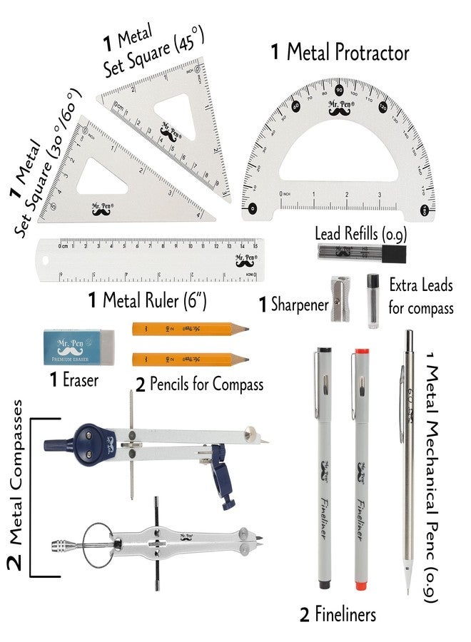 Mr. Pen- Professional Geometry Set, 15 pcs, Geometry Kit for Artists and Students, Geometry Set, Metal Rulers and Compasses, Drawing Tools, Drafting Supplies, Drafting Set, Drafting Tools and Kits - Image 3