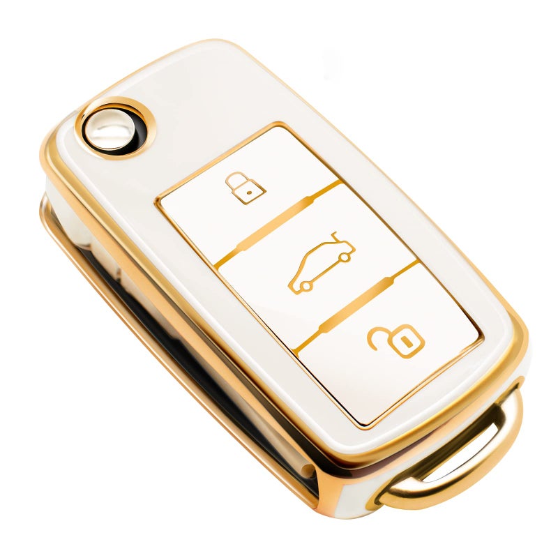 FEYOUN Key Fob Cover Compatible with VW Volkswagen Atlas Golf GTI Jetta Passat Tiguan Touareg Beetle Flip 3 Buttons TPU Remote Keyless Key Fob Case Protection Shell Accessories, White - Image 1