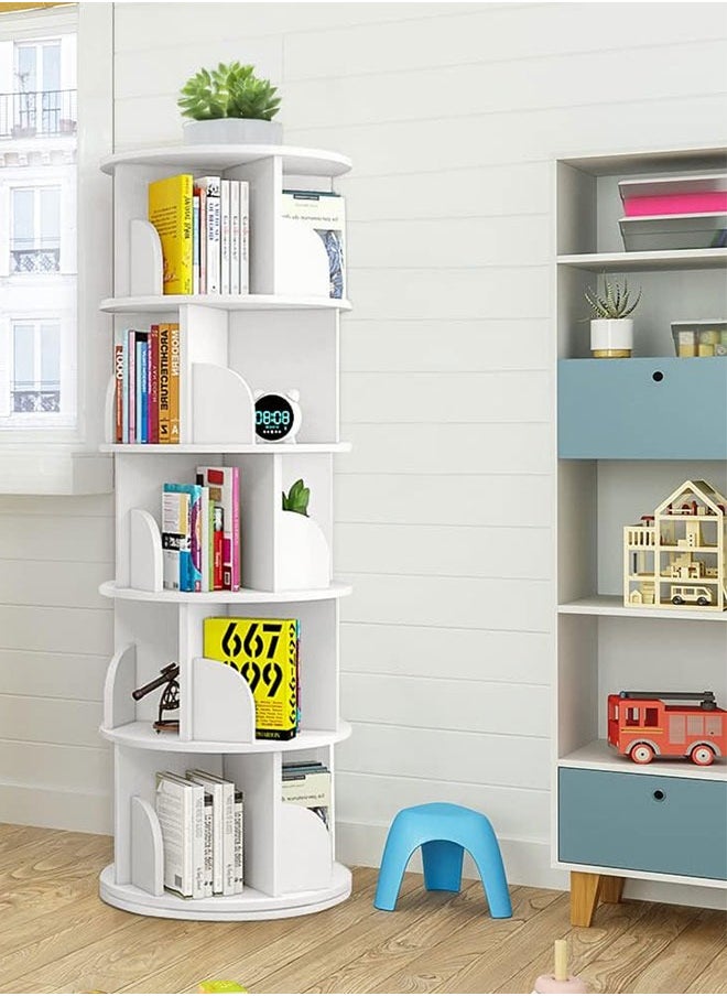 GoldenLike - Rotating Bookshelf,Small Corner Bookshelf for Small Space,360 Display Cabinet 5 Tier Floor Standing Bookcase Storage Rack,Wood Narrow Book Shelf Organizer for Bedroom,Living Room,White - Image 1
