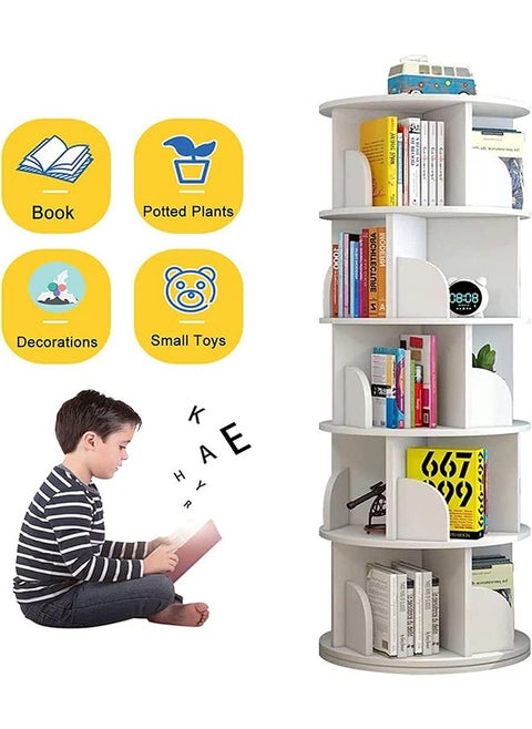 Rotating Bookshelf,Small Corner Bookshelf for Small Space,360 Display Cabinet 5 Tier Floor Standing Bookcase Storage Rack,Wood Narrow Book Shelf Organizer for Bedroom,Living Room,White