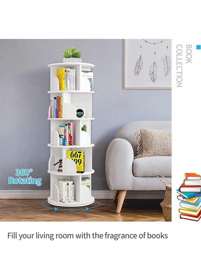 GoldenLike - Rotating Bookshelf,Small Corner Bookshelf for Small Space,360 Display Cabinet 5 Tier Floor Standing Bookcase Storage Rack,Wood Narrow Book Shelf Organizer for Bedroom,Living Room,White - Image 1