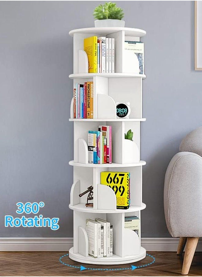 GoldenLike - Rotating Bookshelf,Small Corner Bookshelf for Small Space,360 Display Cabinet 5 Tier Floor Standing Bookcase Storage Rack,Wood Narrow Book Shelf Organizer for Bedroom,Living Room,White - Image 1