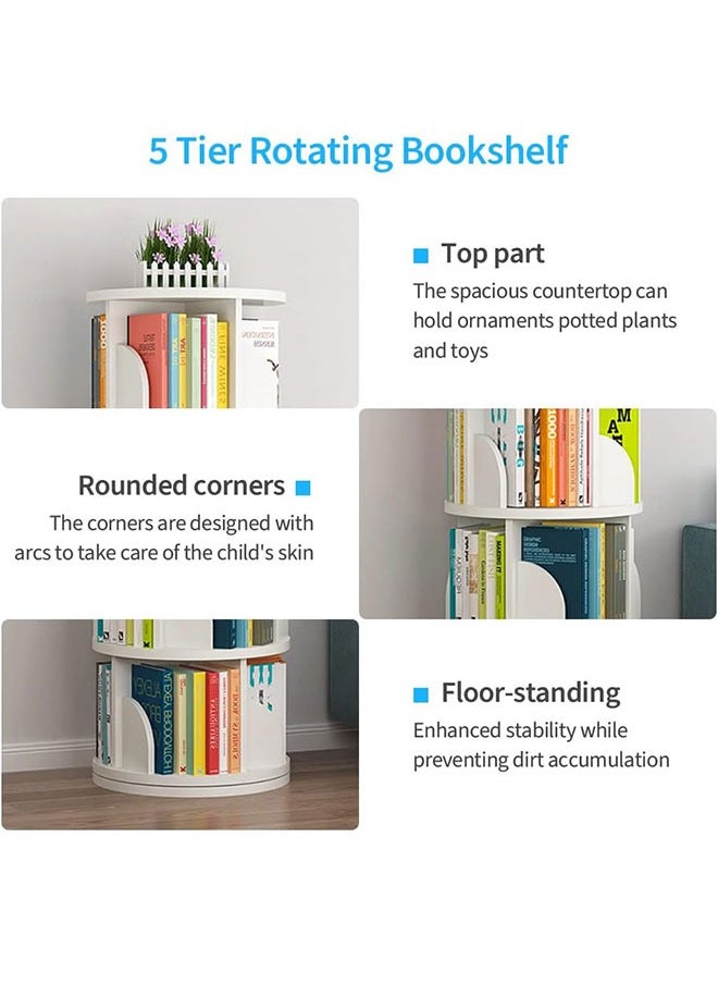 GoldenLike - Rotating Bookshelf,Small Corner Bookshelf for Small Space,360 Display Cabinet 5 Tier Floor Standing Bookcase Storage Rack,Wood Narrow Book Shelf Organizer for Bedroom,Living Room,White - Image 1