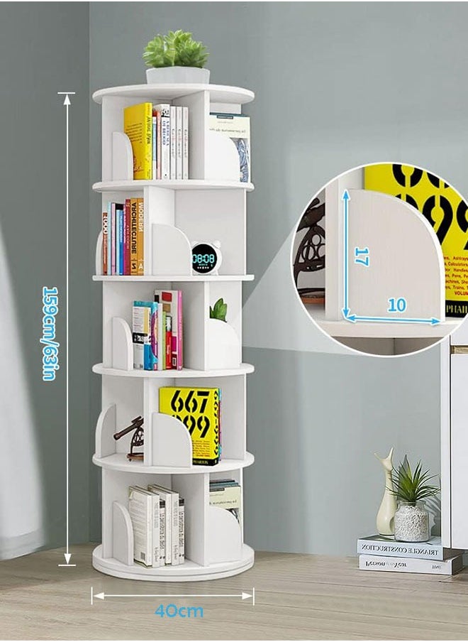 GoldenLike - Rotating Bookshelf,Small Corner Bookshelf for Small Space,360 Display Cabinet 5 Tier Floor Standing Bookcase Storage Rack,Wood Narrow Book Shelf Organizer for Bedroom,Living Room,White - Image 1